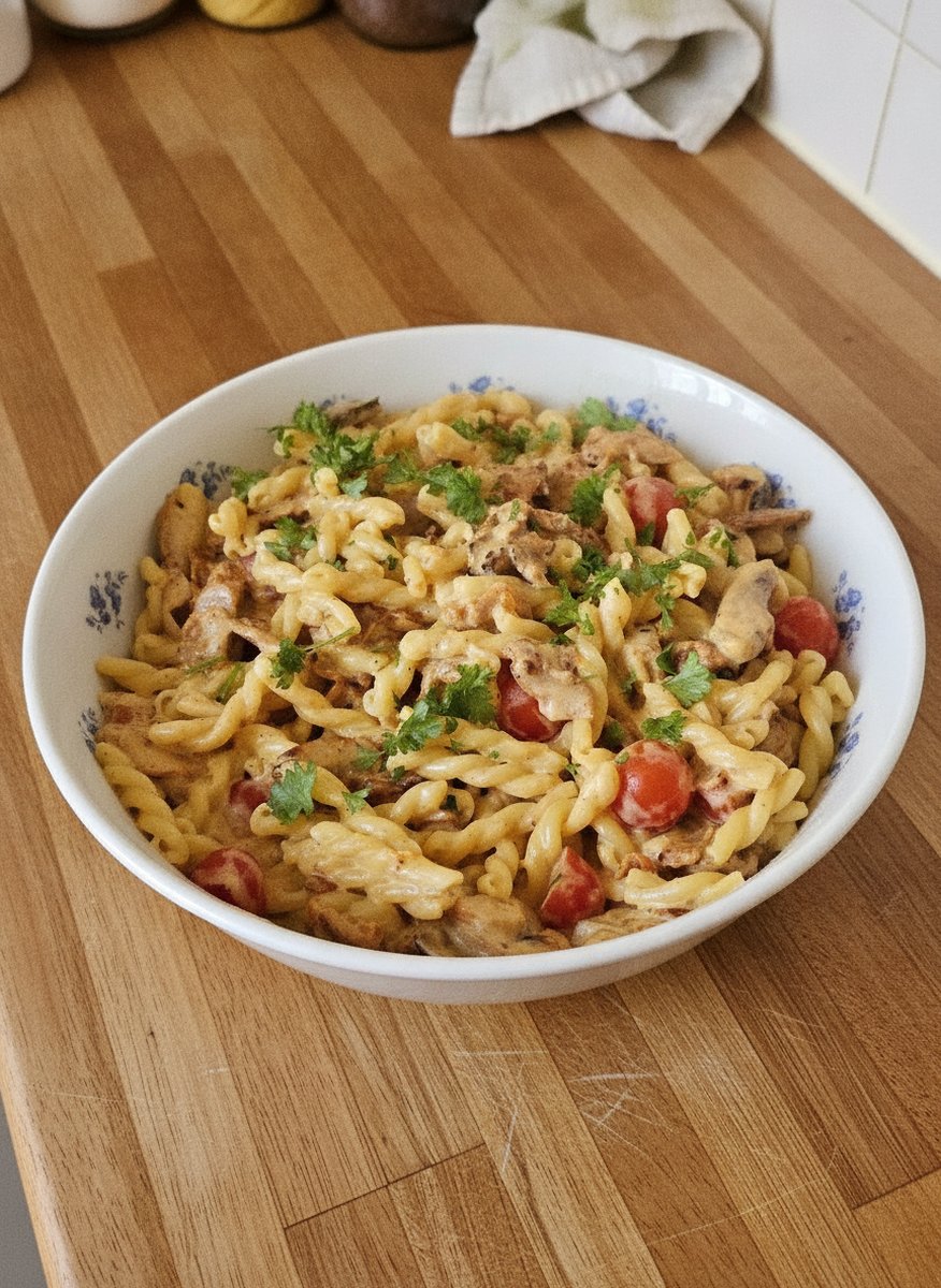 Pâtes crémeuses au kebab et aux champignons recette facile